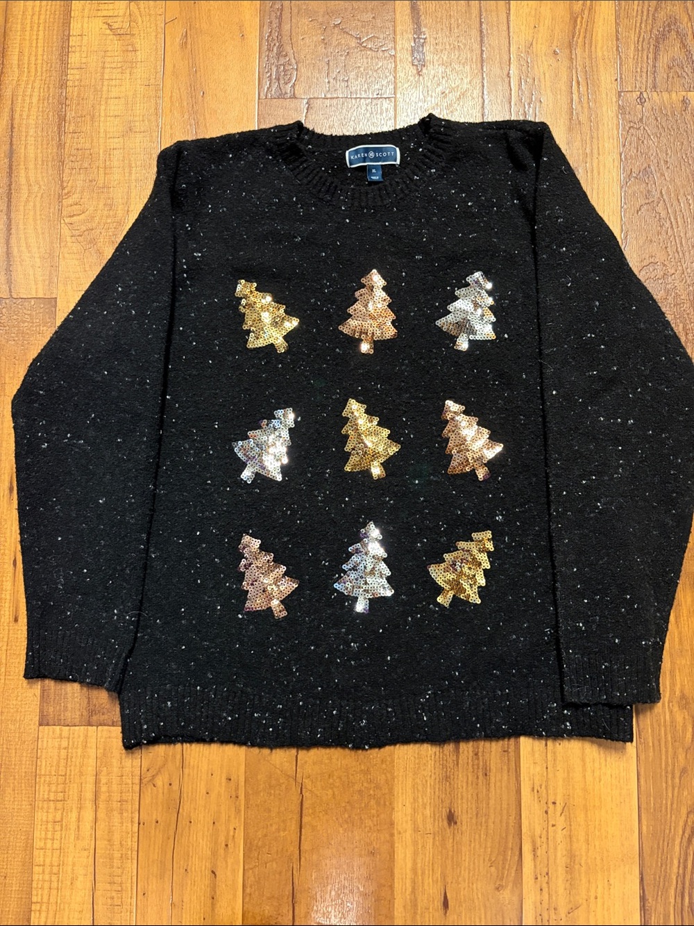 Karen Scott Black Sequin Christmas Tree Holiday Festive Sweater XL